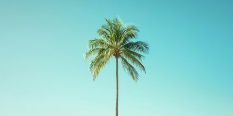 Leinwandbilder - Lone palm tree with lush green fronds positioned centrally against a tranquil light blue sky, illustrating natural beauty and serenity.