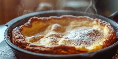 Poster - Fluffy golden brown homemade Dutch baby pancake with a soft texture in a cast iron skillet surrounded by a warm defocused kitchen background