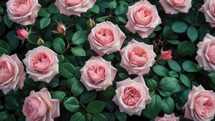 Poster - High angle view of blooming pink roses in a romantic garden with lush green leaves highlighting spring's beauty and fragrance.