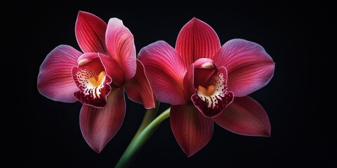 Poster - Exquisite macro shot of two vibrant pink orchids on a black background highlighting intricate details and contrasting beauty for elegant visuals.