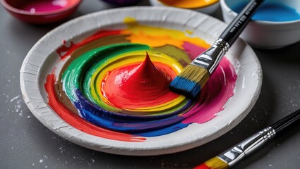 Aufkleber - Vibrant rainbow paint swirl on a plate with brush close-up for artistic creativity in art and design projects