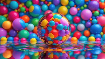 Aufkleber - Colorful transparent ball reflecting vibrant playful orbs with a lively backdrop of patterned circles in a creative and fun environment.