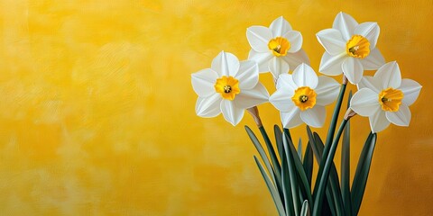 Aufkleber - White Narcissus flowers with yellow centers arranged in a bouquet against a soft vibrant yellow background featuring a blurred focus effect.