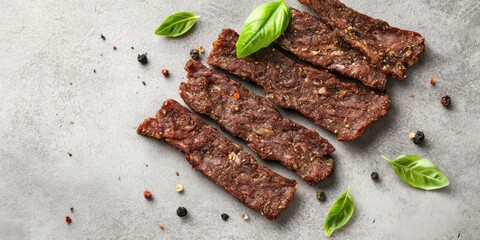Aufkleber - Natural beef jerky strips seasoned with spices and fresh basil leaves arranged on a gray background top view horizontal orientation