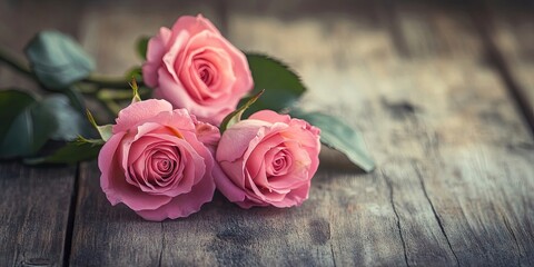 Aufkleber - Delicate pink roses arranged on a rustic wooden table with natural light creating soft shadows enhancing the romantic ambiance for special occasions.