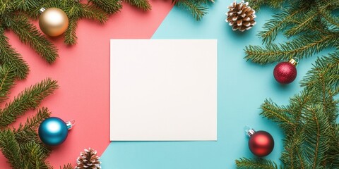 Poster - Christmas flat lay with red and turquoise background, blank square in center, pine branches, gold, blue, and red ornaments, and pine cones.