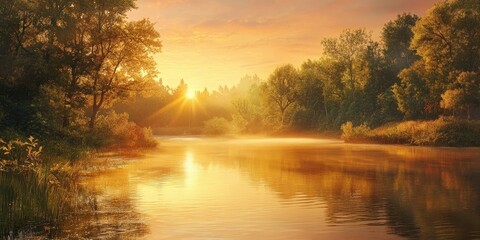 Aufkleber - Serene morning sunrise illuminating a calm river with golden reflections surrounded by lush green trees and soft mist creating a tranquil landscape