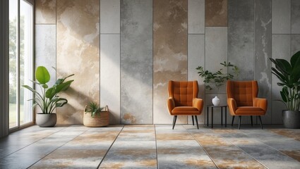Poster - Modern interior design with textured wall and floor, featuring stylish orange armchairs and indoor plants in a bright, serene setting.