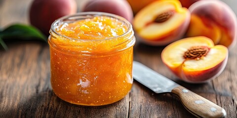 Poster - Peach marmalade jar with a wooden handled spreading knife on a rustic wooden table with fresh peach halves in the background highlighting warm orange hues
