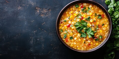 Aufkleber - Colorful quinoa and corn soup in a dark bowl with vibrant toppings, set against a textured dark gray background with ample copy space on the left.