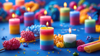 Aufkleber - Colorful candles with vibrant flames surrounded by decorative elements on a blue background creating a festive atmosphere.