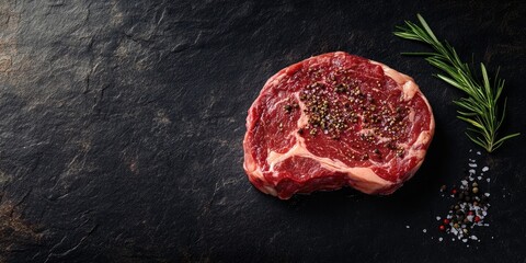 Aufkleber - Raw ribeye steak with spices on dark stone surface, accented by fresh rosemary and scattered sea salt, ample negative space for text placement.