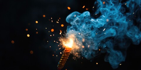 Poster - Ignited fuse emitting bright sparks and swirling blue smoke on a dark backdrop with a focus on dynamic lighting and movement in the scene