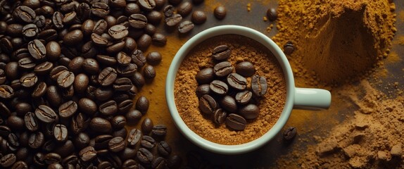 Aufkleber - Dark roasted coffee beans and ground powder in a cup top view showcasing rich textures and earthy tones for coffee enthusiasts.