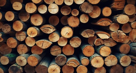 Poster - Close-up view of stacked logs showcasing natural wood textures and patterns in a rustic outdoor setting.