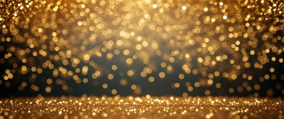 Poster - Golden shimmering bokeh effect background with sparkling lights for festive and elegant design themes.