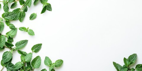 Aufkleber - Fresh green mint leaves scattered on a clean white background with a focus on vibrant details in the center and lower right corners.
