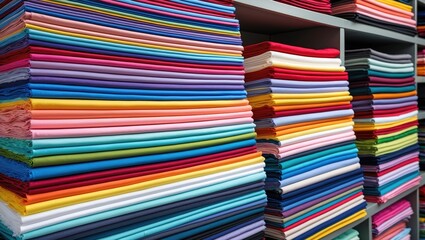 Aufkleber - Vibrant stacks of colorful fabrics neatly arranged on shelves showcasing a variety of hues for sewing and crafting enthusiasts.