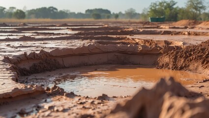 Poster - Drying clay landscape at the onset of the dry season with water pools highlighting the transition in the natural environment.