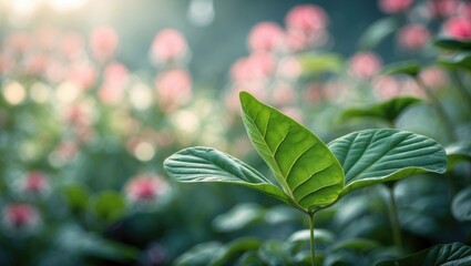 Aufkleber - Close up of vibrant green leaf illuminated by soft morning light with blurred colorful flowers in the background creating a serene atmosphere.