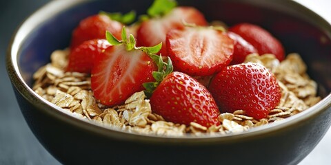 Poster - Bowl of oat flakes topped with bright red strawberries garnished with green leaves on dark surface emphasizing healthy food choices and nutrition