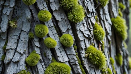 Poster - Close-up of textured gray tree bark adorned with vibrant green moss creating a natural contrast and organic aesthetic in a forest setting