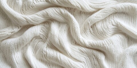 Poster - White textured knitted fabric draped in soft folds displaying intricate patterns and a cozy, inviting appearance on a neutral background.