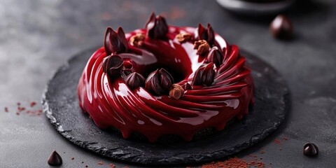 Poster - Red glossy chocolate cake with intricate swirls topped with chocolate decorations and placed on a black slate surface against a dark background.