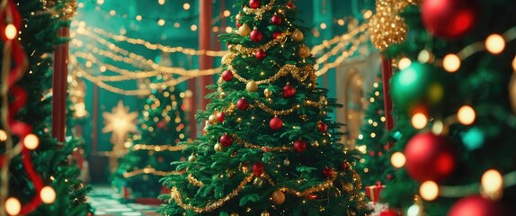 Poster - Decorated Christmas tree with colorful ornaments and lights in a festive holiday setting creating a cheerful New Year background atmosphere