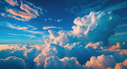 Aufkleber - Majestic clouds illuminated by sunlight floating in a vibrant blue sky creating a serene and uplifting atmosphere.