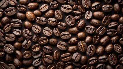 Aufkleber - Coffee beans texture background in rich brown tones with a top view perspective showcasing depth and detail of each coffee bean.