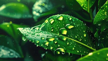 Poster - Close-up of vibrant green leaf covered with glistening water droplets showcasing nature's freshness and beauty in a lush background.