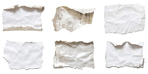Fototapete - Torn vintage paper textures with crumpled edges in white and beige arranged on a bright white background showcasing various shapes and sizes.