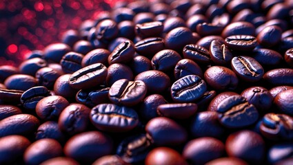 Poster - Coffee beans close-up with glossy texture on a vibrant colorful background ideal for beverage and culinary themed compositions.
