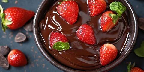 Poster - Bowl of rich dark chocolate ganache topped with fresh strawberries and mint leaves arranged on a dark teal surface with chocolate pieces scattered.