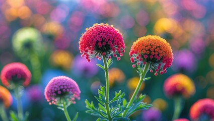 Poster - Colorful globe amaranth flowers with vibrant bokeh background creating a dreamy floral scene in soft sunlight.