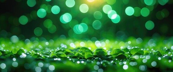 Poster - Lush green bokeh effect with blurred leaves and soft light creating a serene natural background ideal for wellness or nature concepts