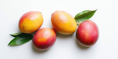 Aufkleber - Colorful ripe mangos in shades of yellow and red arranged with green leaves against a clean white backdrop creating a fresh and vibrant composition.