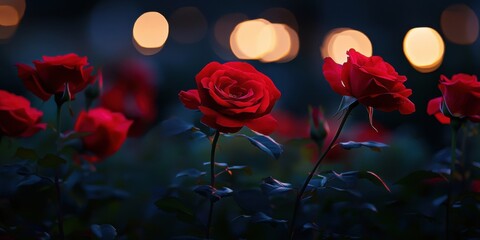 Aufkleber - Stunning red roses in full bloom at night with soft bokeh lights in the background creating an elegant and serene floral atmosphere.