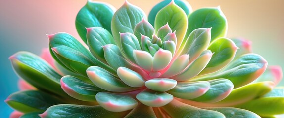 Poster - Vibrant closeup of a succulent plant showcasing intricate layered leaves with soft pastel colors and a serene background effect.