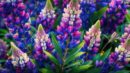 Poster - Vibrant Lupine Flowers in Bloom with Rich Colors and Intricate Details Showcasing Nature's Beauty and Diversity in Close-Up.