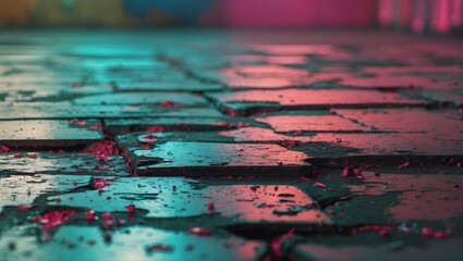 Fototapete - Grunge urban floor texture with cracks and colorful lighting effects creating an artistic abstract backdrop for design projects.