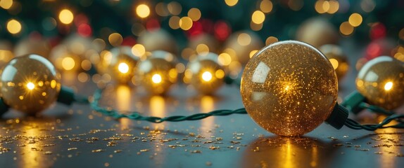 Poster - Golden Christmas lights with shimmering effects in a blurred festive background creating a warm holiday atmosphere and decorative charm.