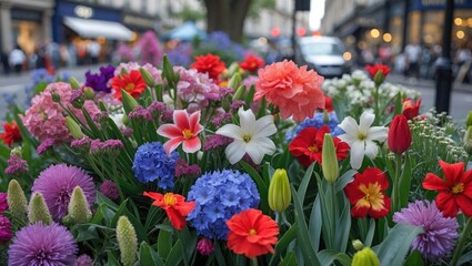 Aufkleber - Vibrant close-up of colorful summer flowers in London showcasing a lively urban garden scene filled with blooms and greenery.