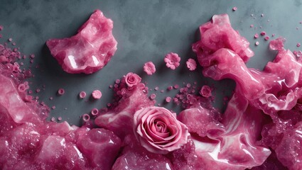 Aufkleber - Pink Greek marble with a rose on a gray background showcasing textures and colors for artistic and decorative design concepts.