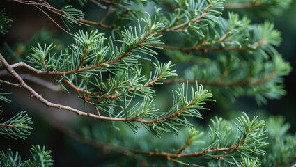 Aufkleber - Close up of Chinese Arborvitae branches showcasing lush green foliage in selective focus highlighting the intricate details of a small pine tree.