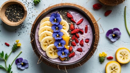 Poster - Colorful Coconut Bowl of Banana Citrus Smoothie Topped with Edible Flowers Chia Seeds Goji Berries and Fresh Fruit Against Light Background