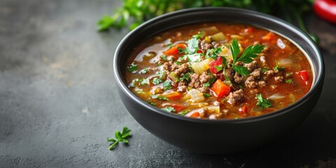 Aufkleber - Rich ground beef cabbage soup with hamburger, cabbage, red pepper, onion, and tomatoes garnished with fresh coriander in a black bowl on a dark concrete table.