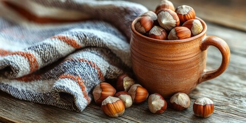 Aufkleber - A rustic clay mug filled with hazelnuts sits atop a wooden table, surrounded by shells and a striped towel in earthy shades for a cozy display.