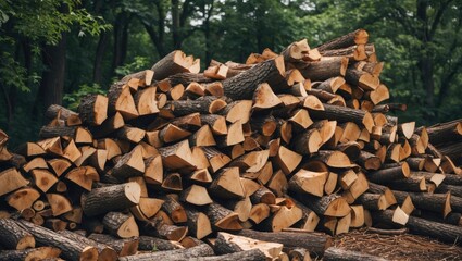 Aufkleber - Chopped firewood logs stacked neatly in a natural setting, showcasing wood preparation for winter use and outdoor activities.